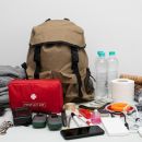 A hurricane survival kit complete with bandages, food, water, and first aid. This is an essential preparation tip!